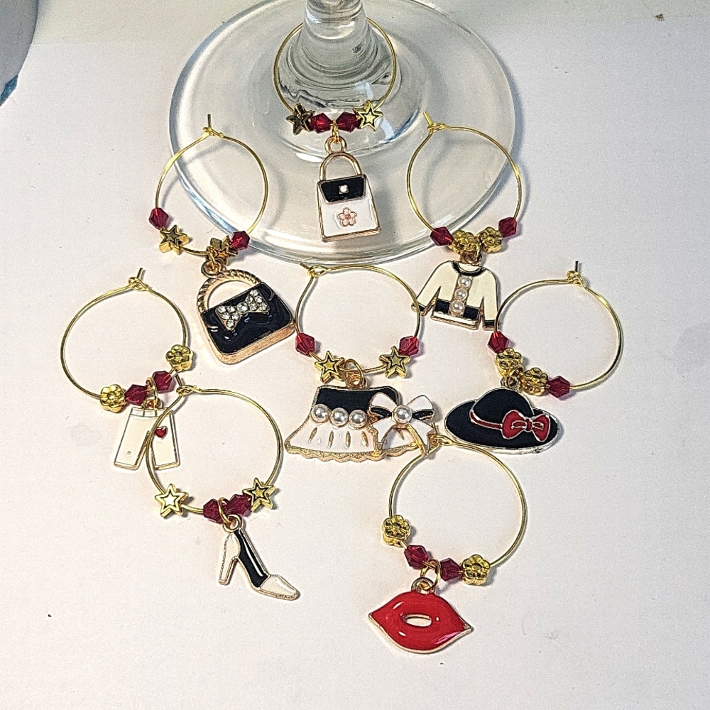 Set of 8 Handcrafted Glamour Ladies Fashion Wine Charms